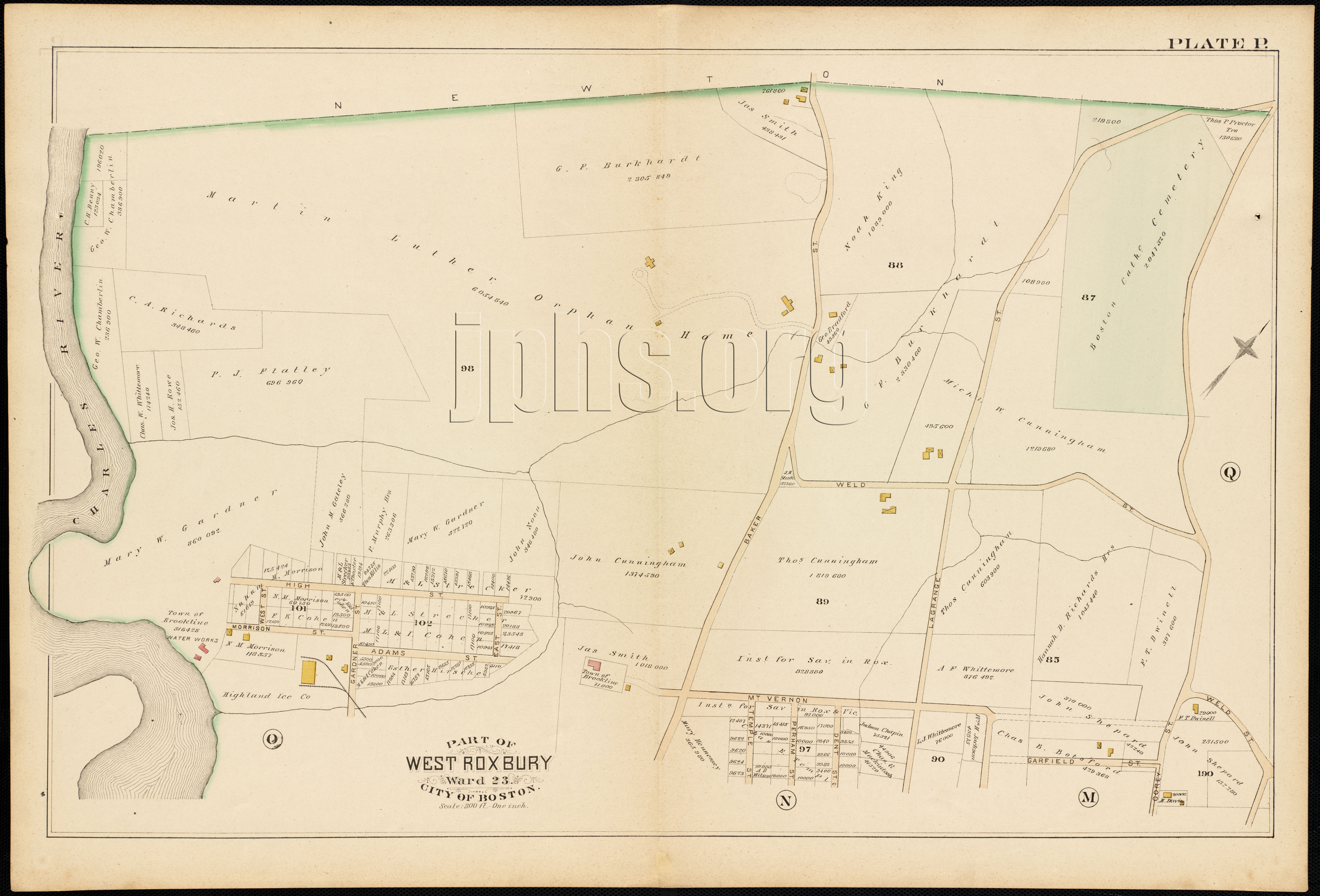 ORIOLE ST & CASS ST PARK ST ATLAS MAP WEST ROXBURY STATION 1896 BOSTON MA 